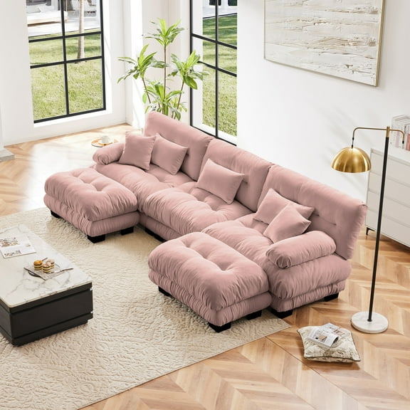 Luxury Modular Sectional Sofa Couch - Oversized U Shaped Cloud Couch for Living Room,Deep Seat Sofa Couch with 2 Ottomans ,Chenille Pink