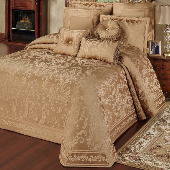 Luxury Monaco Jacquard Woven Leaf Damask Bedding, 3-Pc Gold Cal King Bedspread Set