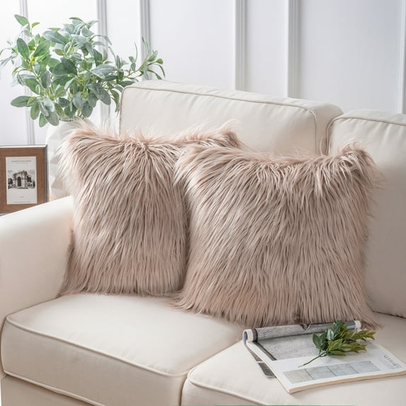 Luxury Mongolian Fluffy Faux Fur Series Square Decorative Throw Pillow Covers for Couch, 20" x 20", Beige, 2 Pack