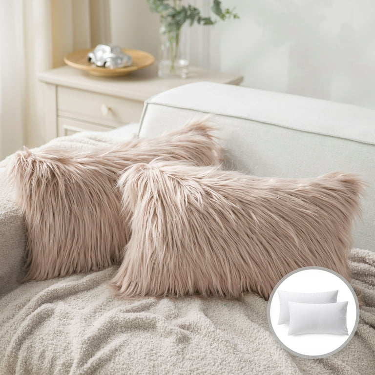 Phantoscope Luxury Mongolian Fluffy Faux Fur Series Square Decorative Throw Pillow Cusion for Couch, 20 inch x 20 inch, Off White, 2 Pack, Beige