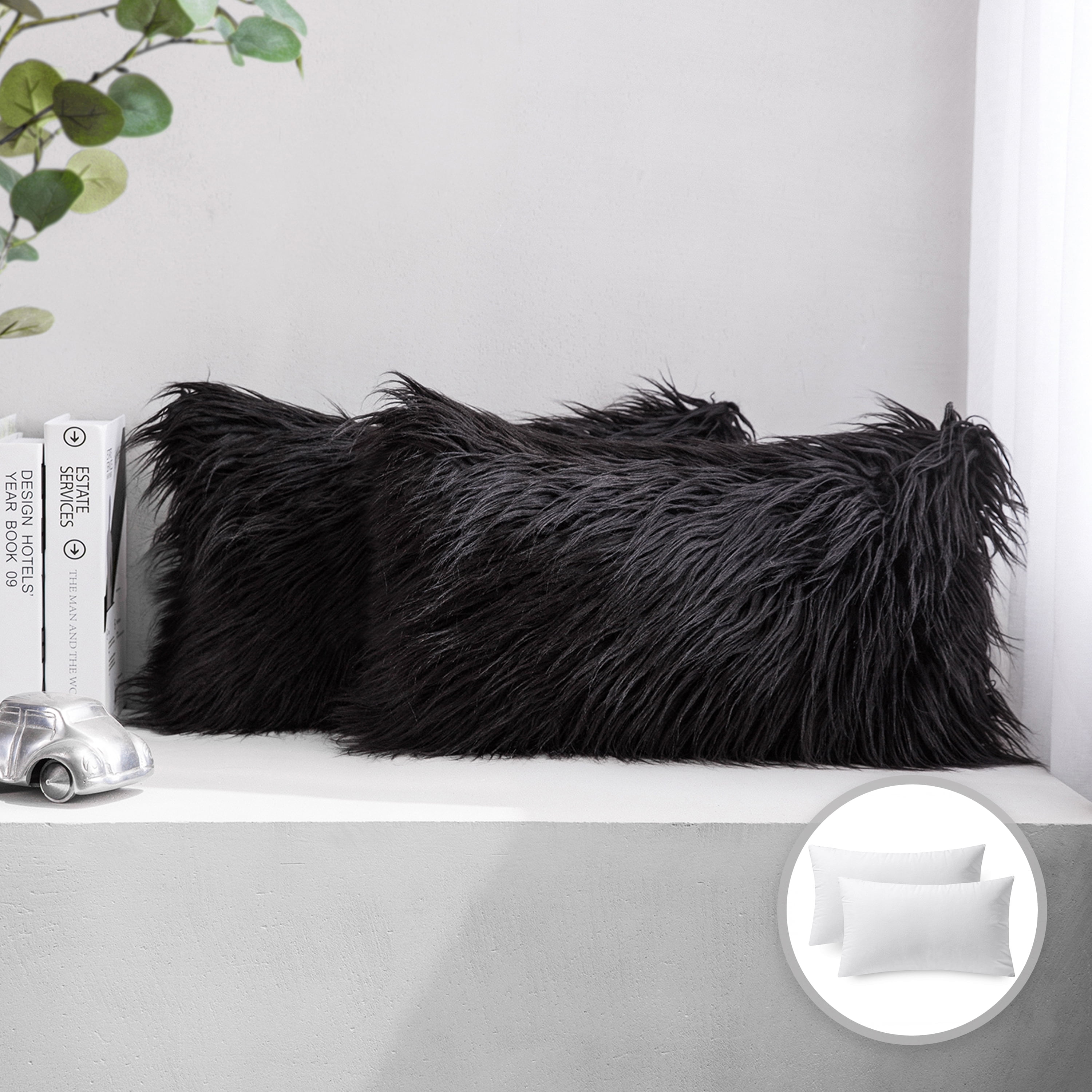 Luxury Mongolian Fluffy Faux Fur Series Square Decorative Throw Pillow Cusion for Couch, 12" x 20", Black, 2 Pack