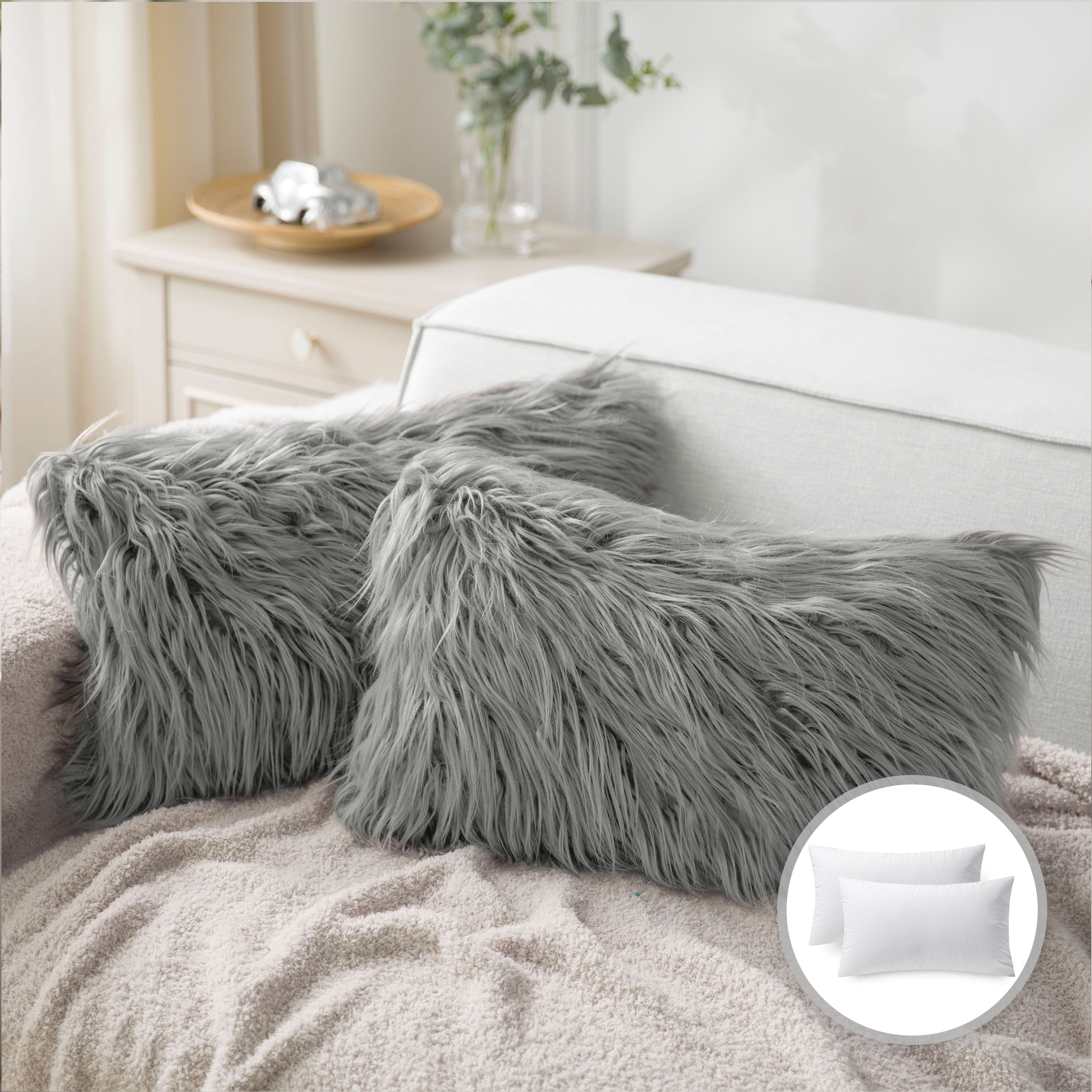 Phantoscope Luxury Mongolian Fluffy Faux Fur Series Square Decorative Throw Pillow Cusion for Couch, 12 inch x 20 inch, Gray, 2 Pack