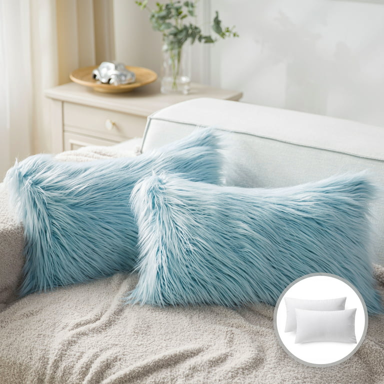 Phantoscope Luxury Mongolian Fluffy Faux Fur Series Square Decorative Throw Pillow Cusion for Couch, 20 inch x 20 inch, Light Blue, 2 Pack, Size: 20 x
