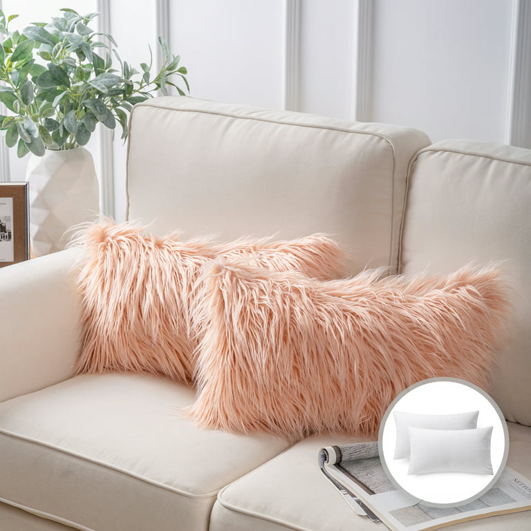 Phantoscope Luxury Mongolian Fluffy Faux Fur Series Square Decorative Throw Pillow Cusion for Couch, 20 inch x 20 inch, Pink, 2 Pack