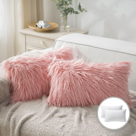 Luxury Mongolian Fluffy Faux Fur Series Square Decorative Throw Pillow Cusion for Couch, 12" x 20", Pink, 2 Pack