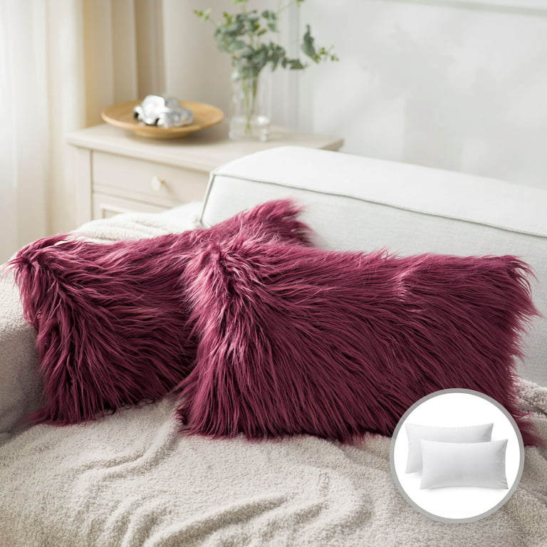 Phantoscope Luxury Mongolian Fluffy Faux Fur Series Square Decorative Throw Pillow Cusion for Couch, 20 inch x 20 inch, Pink, 2 Pack