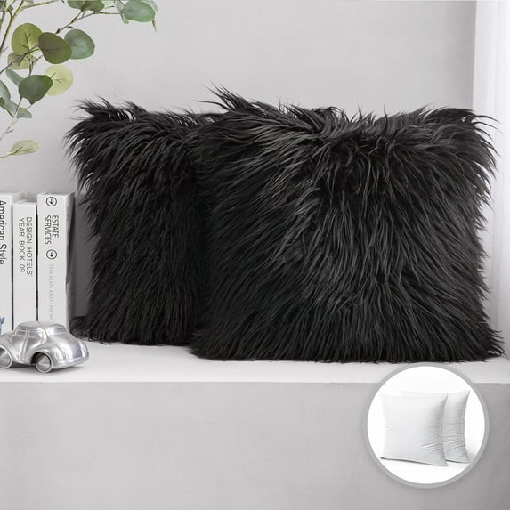 Luxury Mongolian Fluffy Faux Fur Series Square Decorative Throw Pillow Cusion for Couch, 18" x 18", Black, 2 Pack