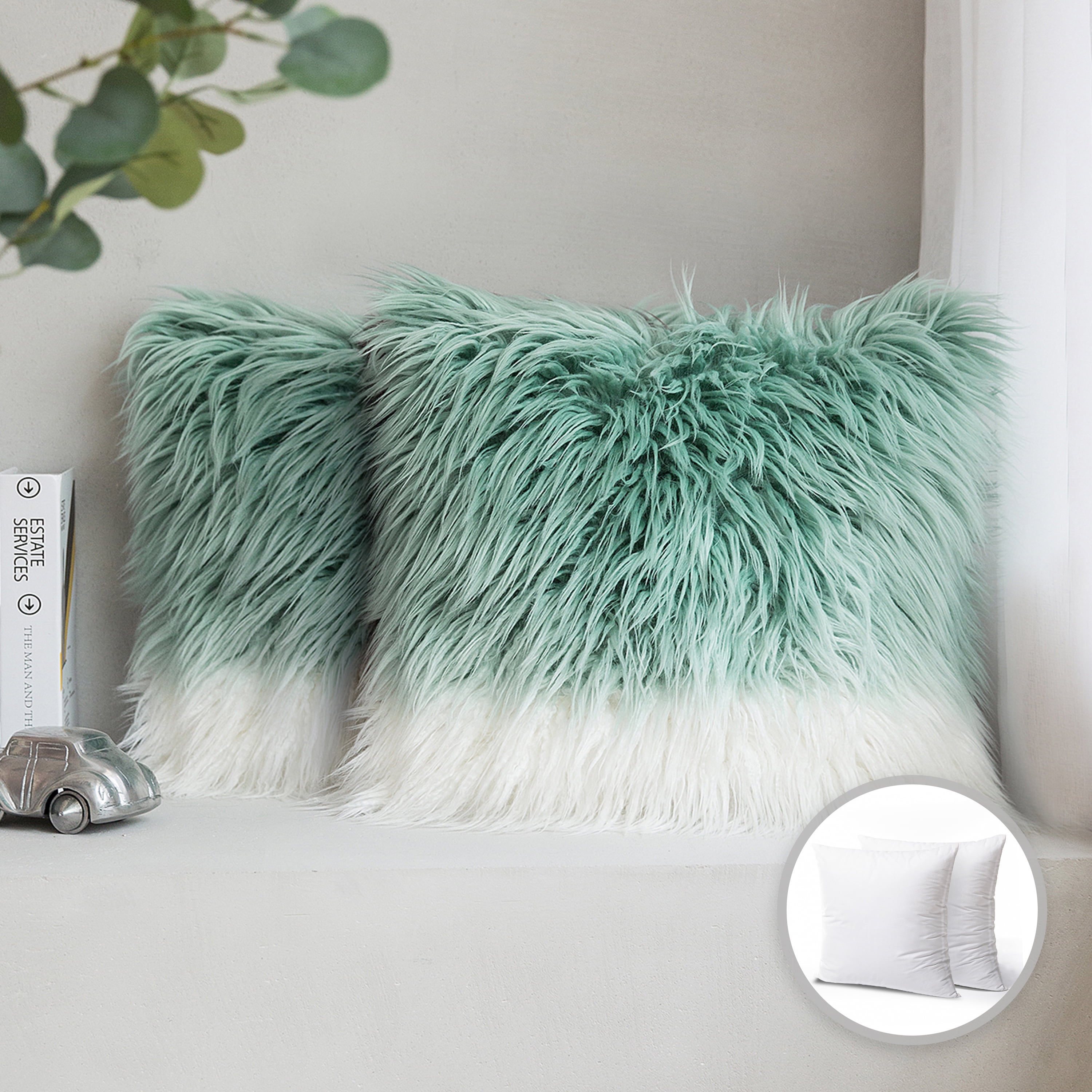 Luxury Mongolian Fluffy Faux Fur Series Square Decorative Throw Pillow Cusion for Couch, 18" x 18", Blue/White, 2 Pack