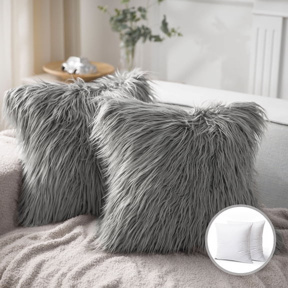 Luxury Mongolian Fluffy Faux Fur Series Square Decorative Throw Pillow Cusion for Couch, 18" x 18", Gray, 2 Pack