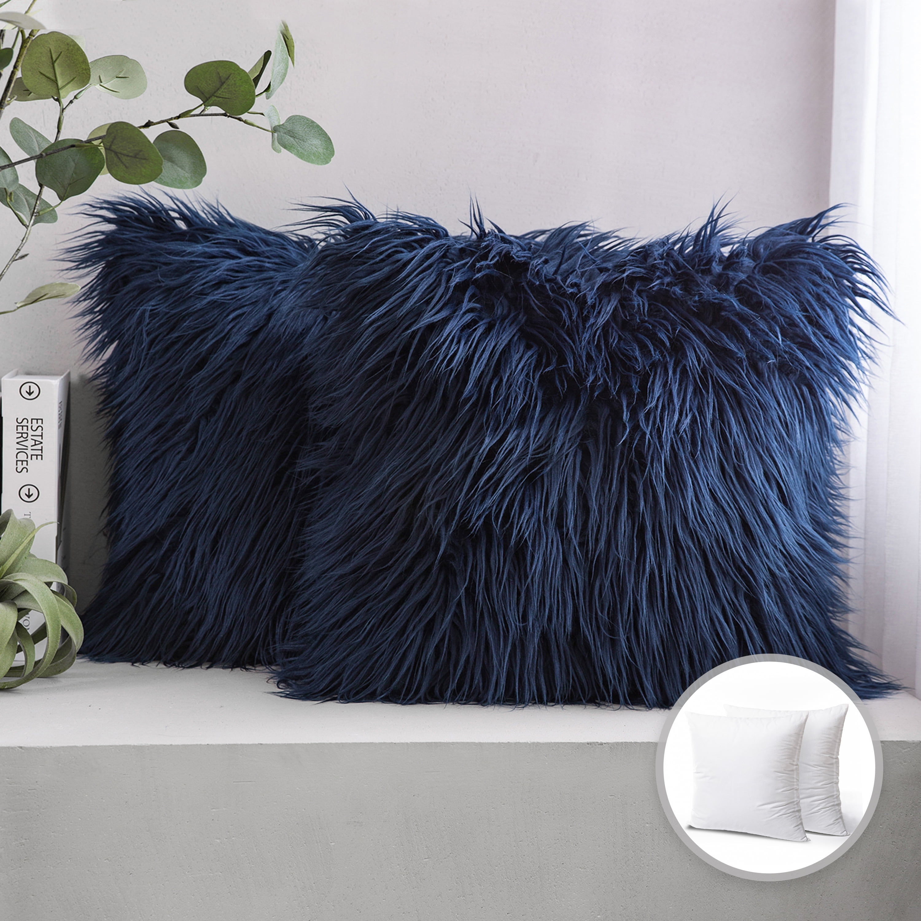 Phantoscope Luxury Mongolian Fluffy Faux Fur Series Square Decorative Throw Pillow Cusion for Couch, 18 inch x 18 inch, Navy Blue, 2 Pack, Size: 18 x