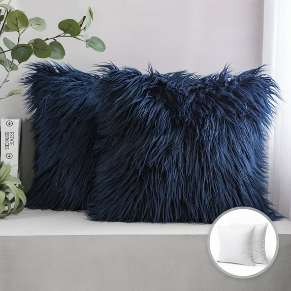 Luxury Mongolian Fluffy Faux Fur Series Square Decorative Throw Pillow Cusion for Couch, 18" x 18", Navy Blue, 2 Pack