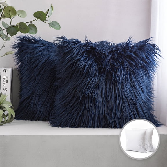 Luxury Mongolian Fluffy Faux Fur Series Square Decorative Throw Pillow Cusion for Couch, 18" x 18", Navy Blue, 2 Pack