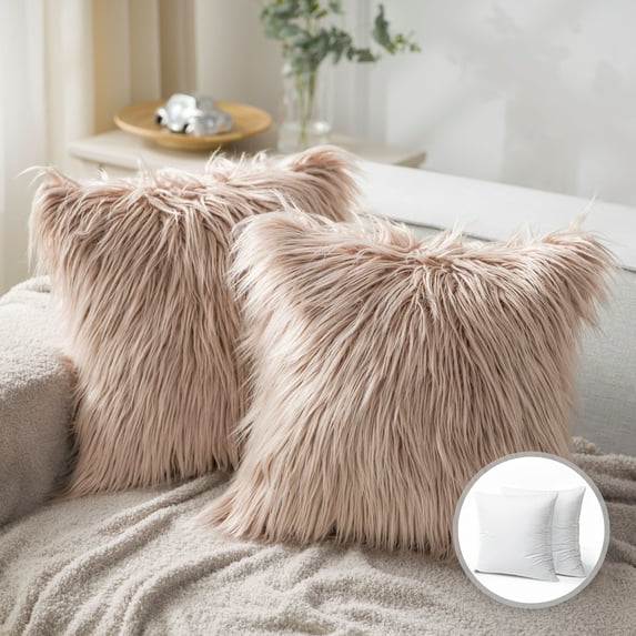 Luxury Mongolian Fluffy Faux Fur Series Square Decorative Throw Pillow Cusion for Couch, 20" x 20", Beige, 2 Pack