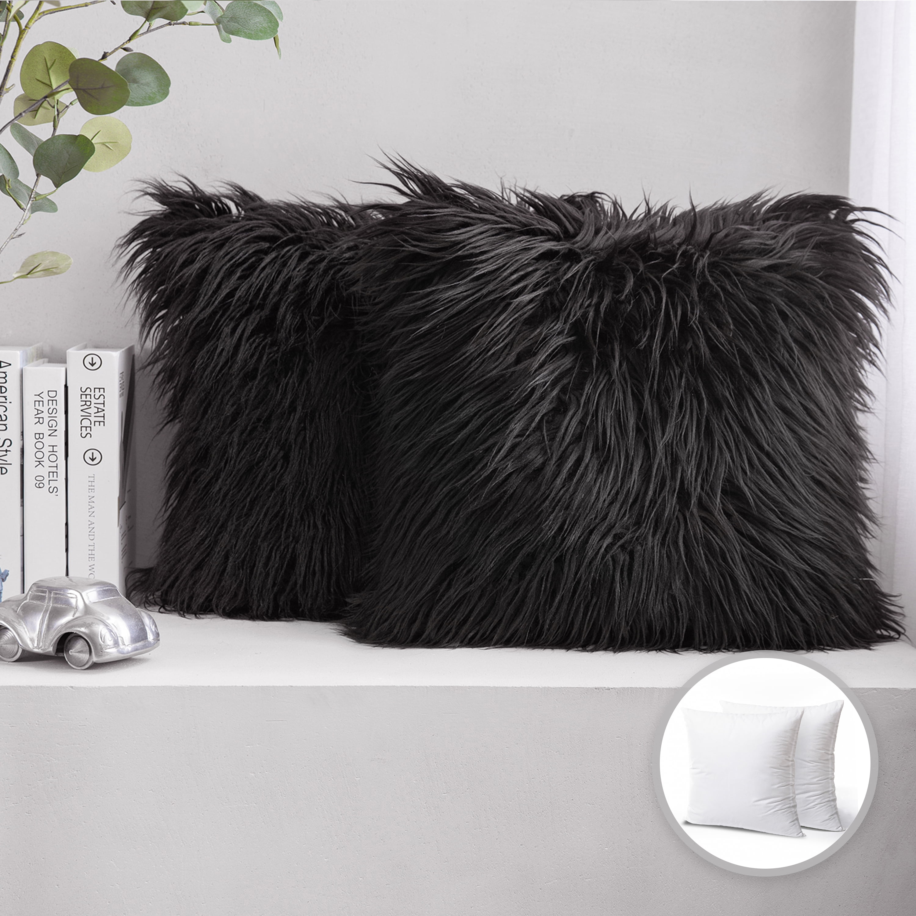 Luxury Mongolian Fluffy Faux Fur Series Square Decorative Throw Pillow Cusion for Couch, 20" x 20", Black, 2 Pack