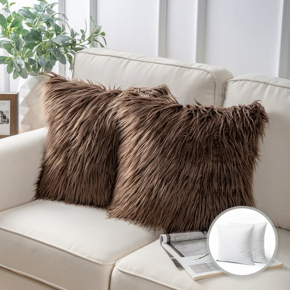 Luxury Mongolian Fluffy Faux Fur Series Square Decorative Throw Pillow Cusion for Couch, 20" x 20", Brown, 2 Pack