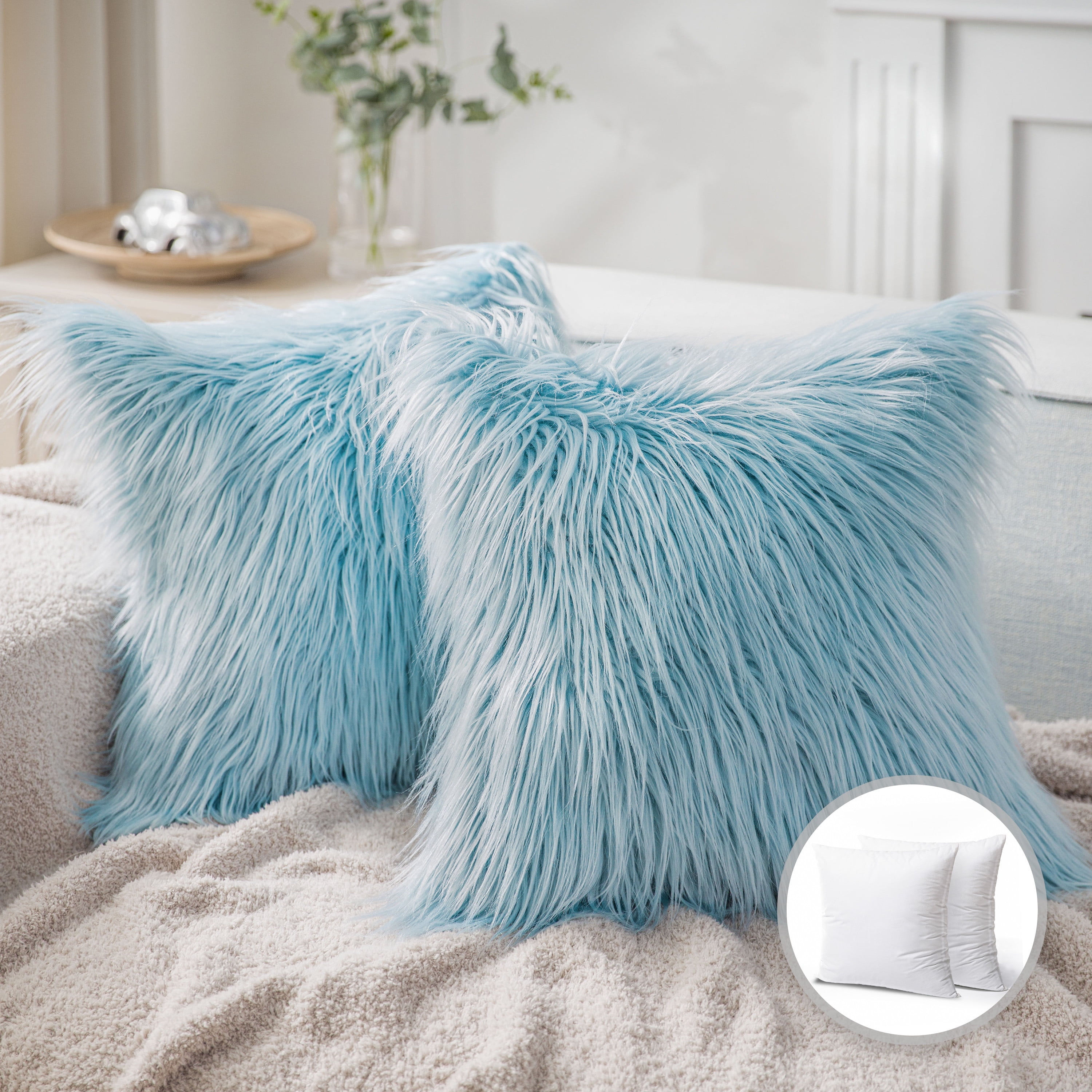 Phantoscope Luxury Mongolian Fluffy Faux Fur Series Square Decorative Throw Pillow Cusion for Couch, 20 inch x 20 inch, Light Blue, 2 Pack, Size: 20 x