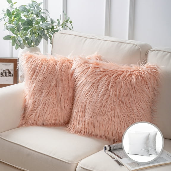 Luxury Mongolian Fluffy Faux Fur Series Square Decorative Throw Pillow Cusion for Couch, 20" x 20", Orange Pink, 2 Pack