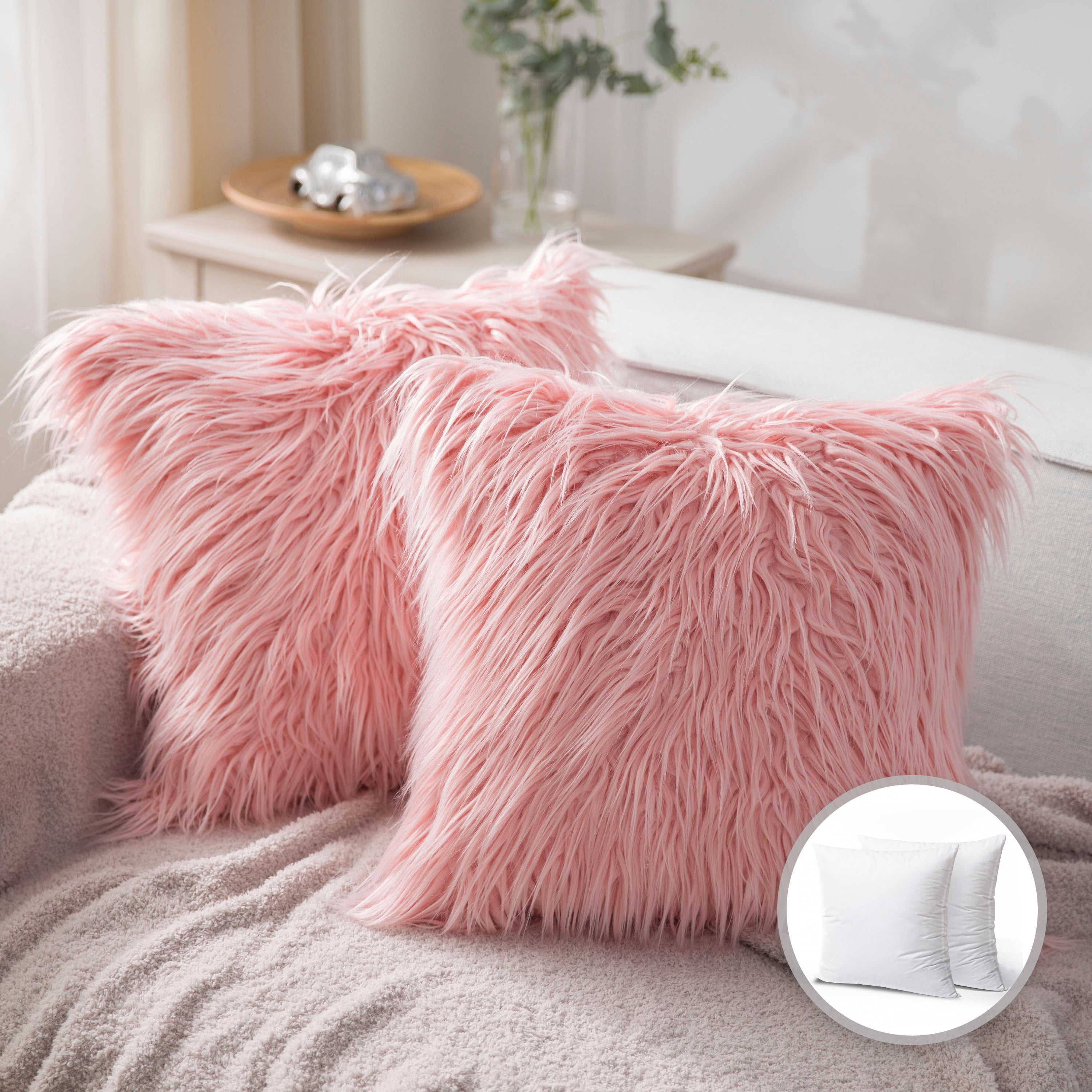 Luxury Mongolian Fluffy Faux Fur Series Square Decorative Throw Pillow Cusion for Couch, 20" x 20", Pink, 2 Pack