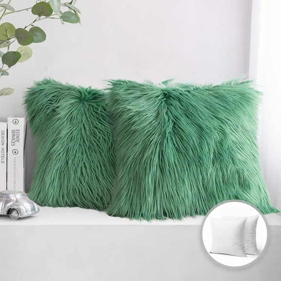 Luxury Mongolian Fluffy Faux Fur Series Square Decorative Throw Pillow Cusion for Couch, 22" x 22", Green, 2 Pack