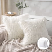 Luxury Mongolian Fluffy Faux Fur Series Square Decorative Throw Pillow Cusion for Couch, 22" x 22", Off White, 2 Pack