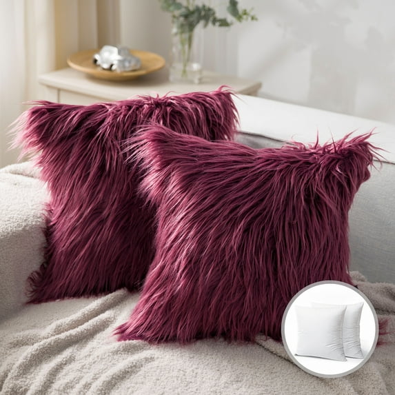 Luxury Mongolian Fluffy Faux Fur Series Square Decorative Throw Pillow Cusion for Couch, 22" x 22", Purple Red, 2 Pack