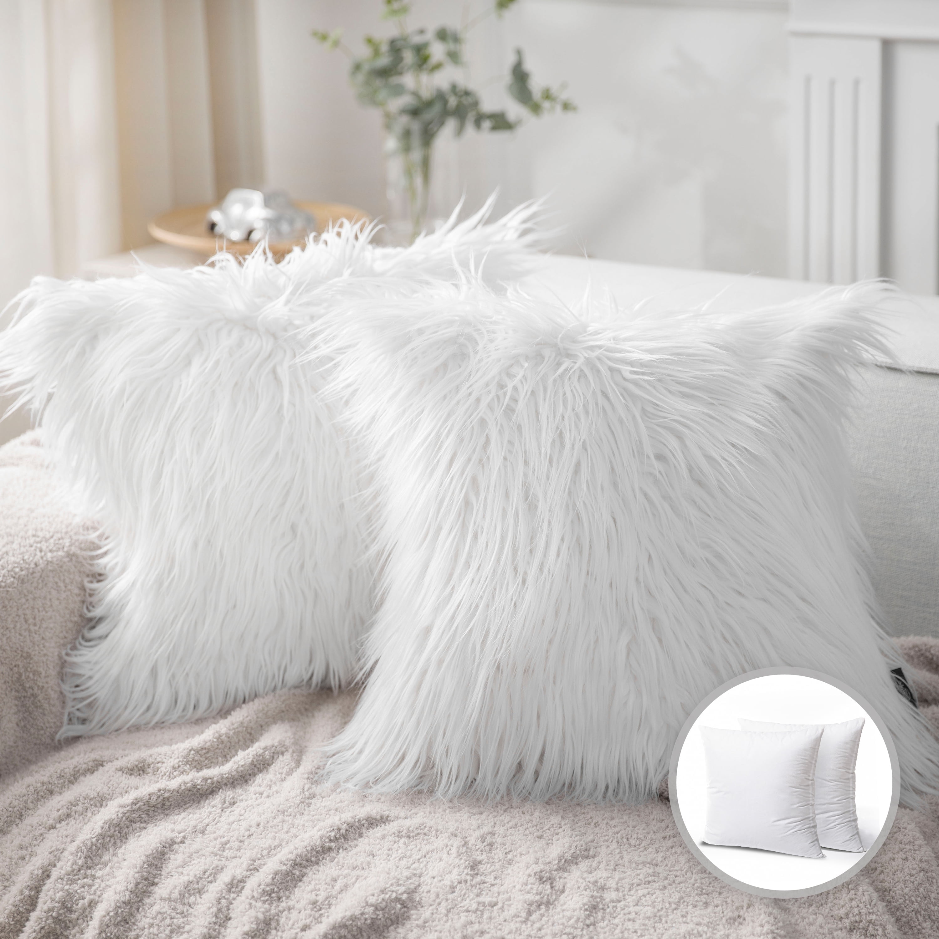 Luxury Mongolian Fluffy Faux Fur Series Square Decorative Throw Pillow Cusion for Couch, 22" x 22", True White, 2 Pack
