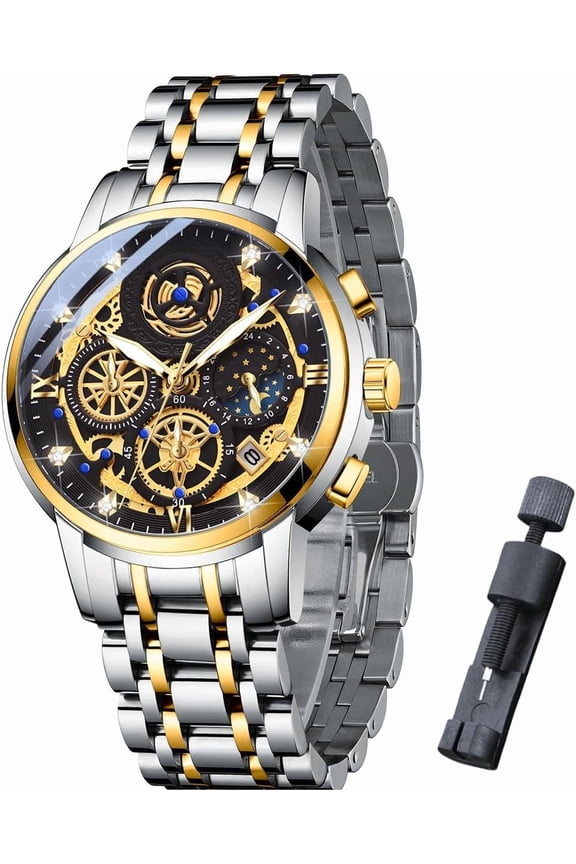 Luxury Moon Phase Watches for Men, Male Classic Business Dress Quartz Wrist Watch Stainless Steel Analog with Luminous Arabic Glass Dial Calendar