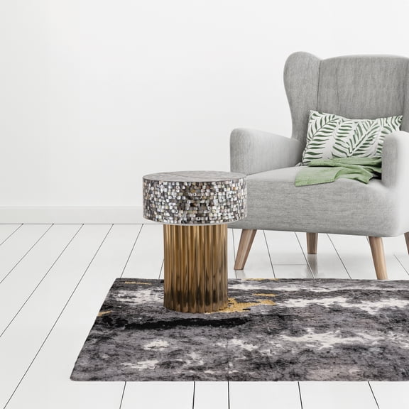 Luxury Mother of Pearl End Table: 16" Round Brass Stainless Steel Base, Antique Brass, Modern Contemporary Accent Furniture for Living Room, Bedroom, Entryway