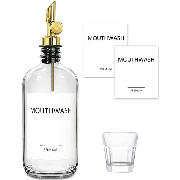 Luxury Mouthwash Decanter for Bathroom, 1 Pack 17 Oz Glass Bottle with Pour Spout and Cup, Refillable, Clear
