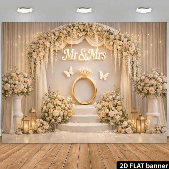 Luxury Mr and Mrs Wedding Backdrop Pink White Roses Arch Bridal Shower Background Golden Glitter Diamond Ring Bride to Be Engagement Party Decorations Banner Supplies Photo Booth Props