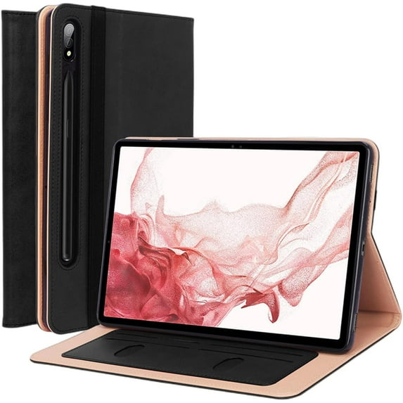 Luxury Multi-Functional Leather Tablet Case with Foldable Holder Hand Strap Card Slots Cover, for Samsung Galaxy S5e S6 Lite S7 S8 Ultra Plus FE Shell(Black,S8 Plus 2022 12.4 X800)