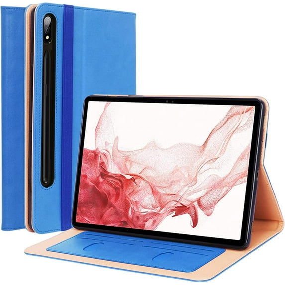 Luxury Multi-Functional Leather Tablet Case with Foldable Holder Hand Strap Card Slots Cover, for Samsung Galaxy S5e S6 Lite S7 S8 Ultra Plus FE Shell(Blue,S8 Plus 2022 12.4 X800)