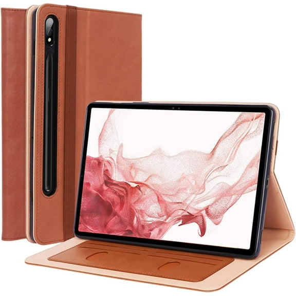 Luxury Multi-Functional Leather Tablet Case with Foldable Holder Hand Strap Card Slots Cover, for Samsung Galaxy S5e S6 Lite S7 S8 Ultra Plus FE Shell(Brown,S8 Plus 2022 12.4 X800)