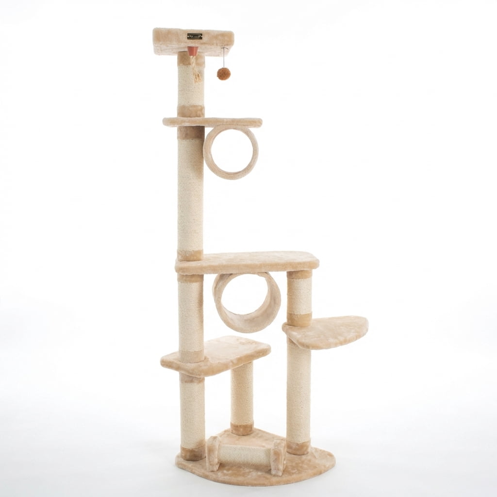 Luxury Multi-Level Cat Tree, 74" Tall, Beige Plush, Sisal Scratching Posts, Circular Tunnels, Hanging Toy, 36" x32