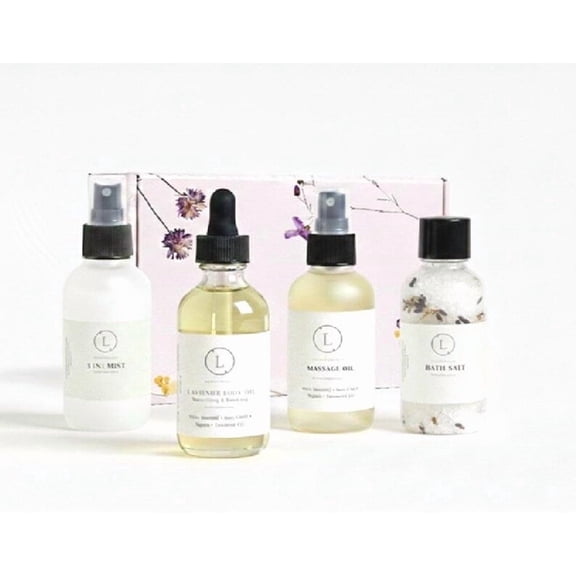 Luxury Natural Spa Gift Set 4-Piece Aromatherapy Self-Care & Wellness Gift Box with Bath Salts, Massage Oil, Lavender Body Oil & Eucalyptus Mist