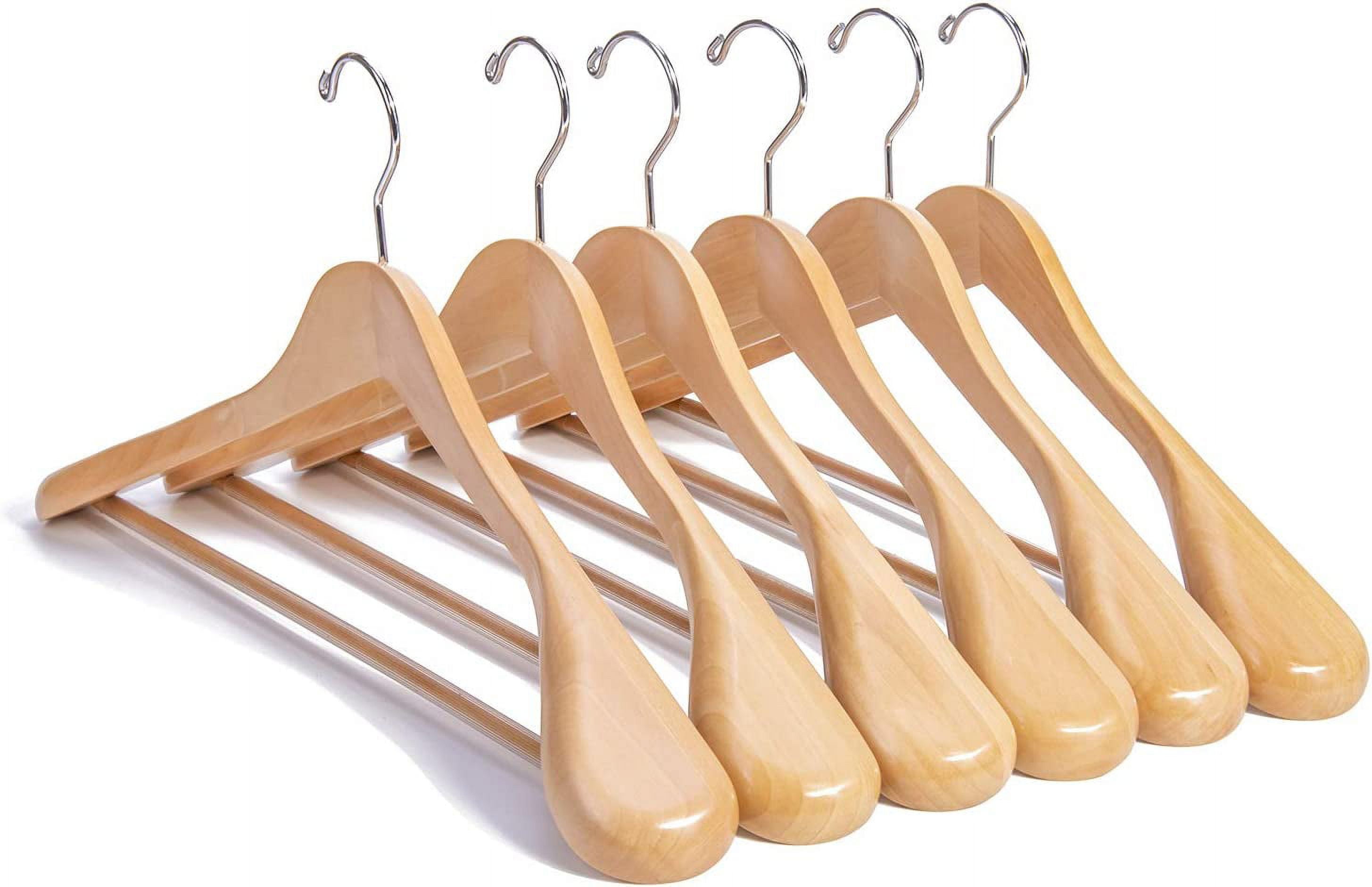 Luxury Natural Wooden Suit Hangers - 6 Pack with Glossy Finish, Extra-Wide Shoulders, 360-Degree Swivel Hooks and Anti-Slip Bar with Screw