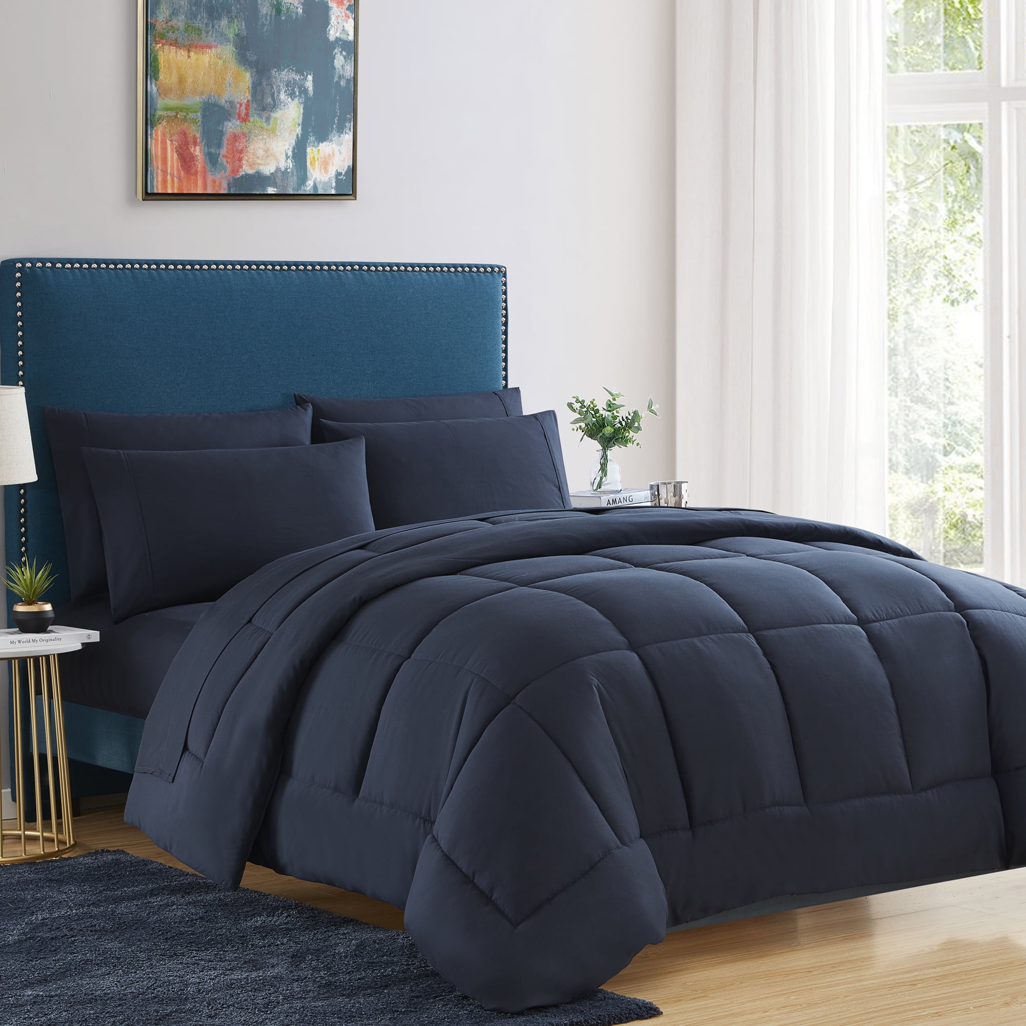 Luxury Navy 5-piece Bed in a Bag Down Alternative Comforter Set, Twin ...