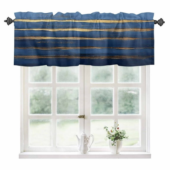 Luxury Navy Blue Kitchen Valances for Windows 42x12 Inch Kitchen Curtains Valances Rod Pocket Golden Contemporary Abstract Bathroom Window Valances for Window Treatment Decor