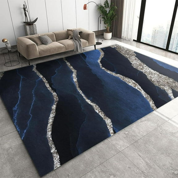 Luxury Navy Blue Marble Area Rug 5' x 8', Black Starry Silver Lines Soft Washable Rug, Contemporary Accent Throw Rug for Living Room Dining Room Office Rugs