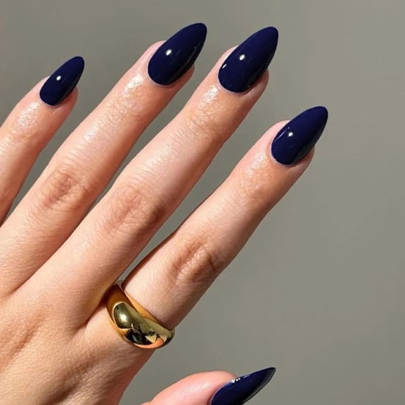 Luxury Navy Blue Press-On Nails Medium Almond Elegant Deep Blue Fake Nails - Easy to Apply, Durable High-Shine Finish 24 PCS (Navy Blue)