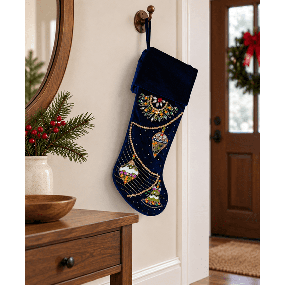 Luxury Navy Blue Velvet Christmas Stocking with Beaded Ornaments, Embellished Holiday Stocking with Hanging Loop, Elegant Christmas Mantel Decor