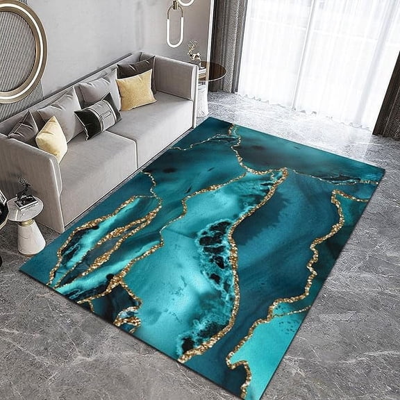 Luxury Navy Gold Geometric Area Rug, Modern Turquoise Blue Marble Texture Indoor Non-Slip Kids Rugs, Machine Washable Breathable Durable Carpet For Front Entrance Floor Decor 5 x 7ft