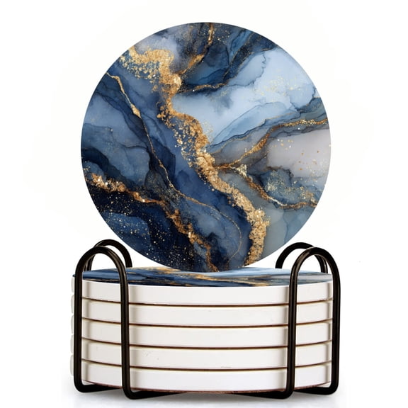 Luxury Navy Marble Coasters, Set of 6 Ceramic Coasters for Coffee Table Decor, Absorbent Ceramic Drink Coasters with Cork Backing for Table Protection