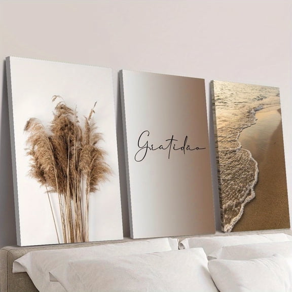Luxury Neutral "Gratidao" Quote 3-Piece Canvas Decor for Living Room