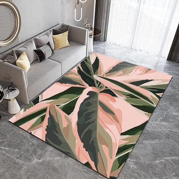 Luxury Nordic Banana Leaf Area Rug, Abstract Pink Green Tropical Plant Non Slip Living Room Rug, Easy Care Stain Resistant Carpet For Indoor Bedroom Office Decor Mat 5x7ft