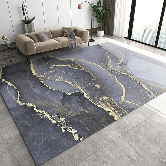 Luxury Nordic Black And Gray Gilt Marble Washable Rug, Modern Abstract Ripple Area Rug, Absorbent Non-Slip Thin Foldable Mat For Living Room Bedroom Kitchen Dorm Entryway Hallway 3x5ft