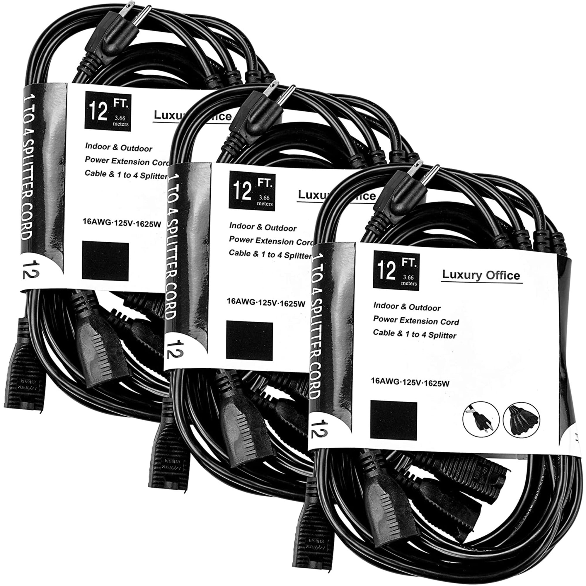 Luxury Office 4 Way Outlet Splitter 3 Prong Split Extension Cord For Home Office 12ft Pack of 3