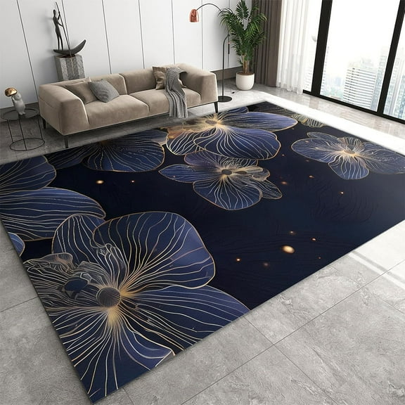 Luxury Orchid Flowers Area Rug, Golden Line On Dark Blue Color Small Rugs, Washable Breathable Carpet for Front Entrance Floor Decor 2' x 3'