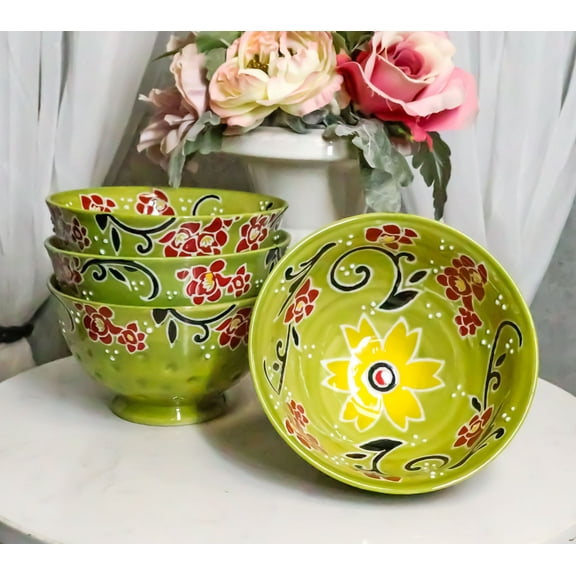 Luxury Ottoman Style Textured Dining Bowls Set of 4 Sunflower Green Tapestry