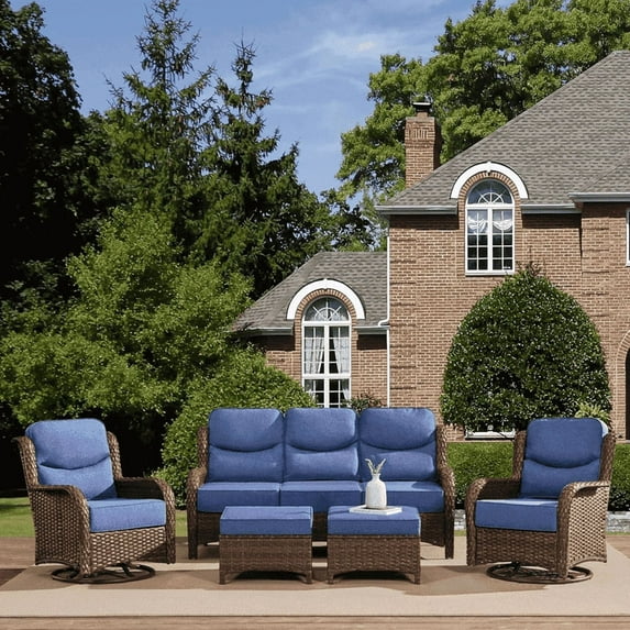 Hillga Luxury Patio Furniture Set 3-Seater Sofa Backyard Swivel Rocker Chairs 5-Pieces Blue